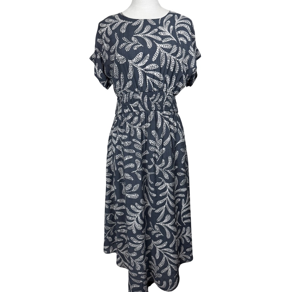 Maggy London Women Dress 8 Grey White Leaf Print Smocked Waist Midi G181M568